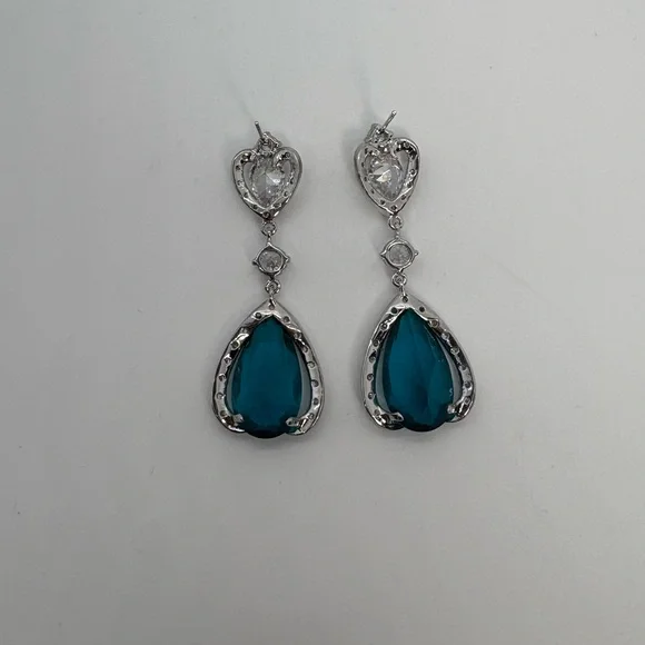 Clear And Teal Blue Cubic Zirconia Heart Dangle Silver Tone Earrings - Picture 5 of 5